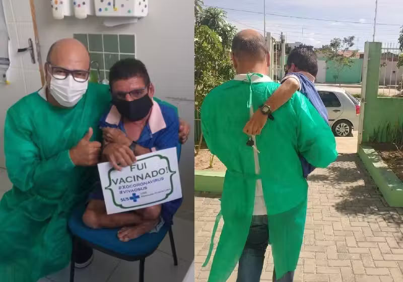 O enfermeiro Elionaldo Venâncio vacina e leva no colo paciente com deficiência na PB - Fotos: @SecSaudeCG