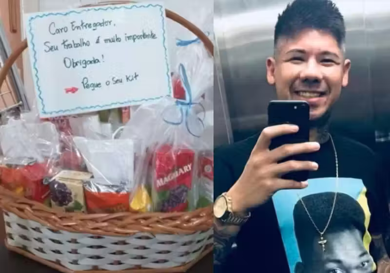 A cesta com Kit lanche que o Felipe recebeu de moradores em Santos - Fotos: reprodução / redes sociais
