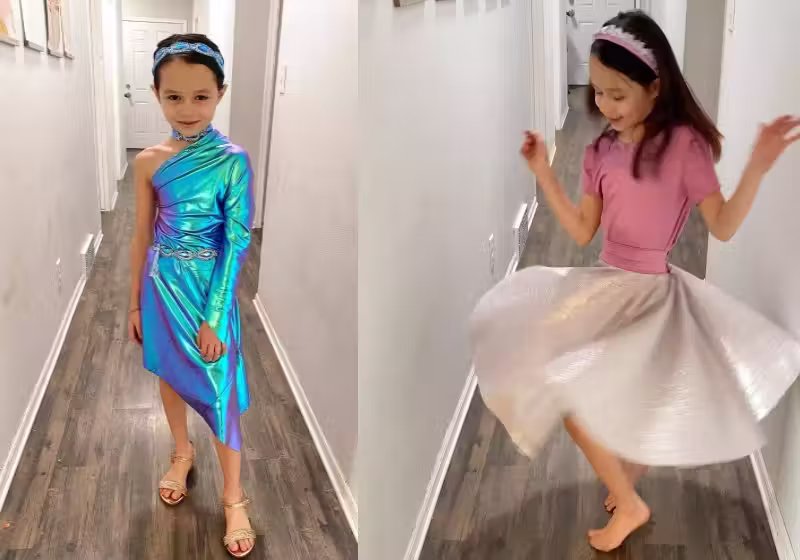 Kaia Aragon, uma menina de 9 anos, cria os próprios looks e costura uma roupa nova dor dia - Fotos: reprodução / TikTok