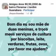 Costureira ficou sem renda com a pandemia. Foto: Reprodução/Facebook