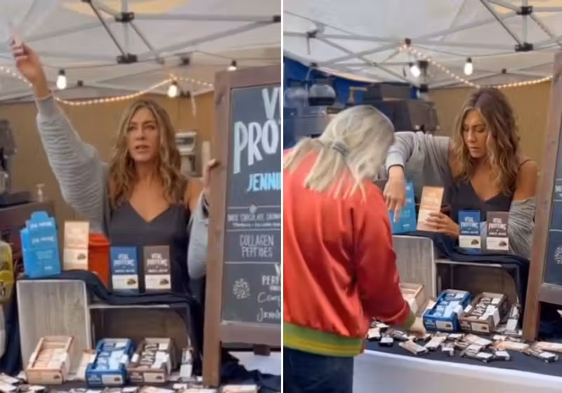 As pessoas ficaram impressionadas com a simplicidade e humildade demonstradas pela atriz Jennifer Aniston ao atender seus clientes. Fotos: Reprodução/vídeo