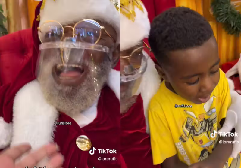O garotinho se emociona com o Papai Noel preto e também faz uma lista de pedidos super interessante! - Foto: reprodução TikTok @lorerufis