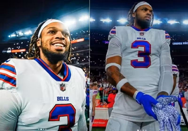 O jogador de futebol americano Damar Hamlim, de 24 anos, do Buffalo Bills!, ficou internado após sofrer parada cardiorrespiratória no início do mês - Fotos: reprodução / Instagram