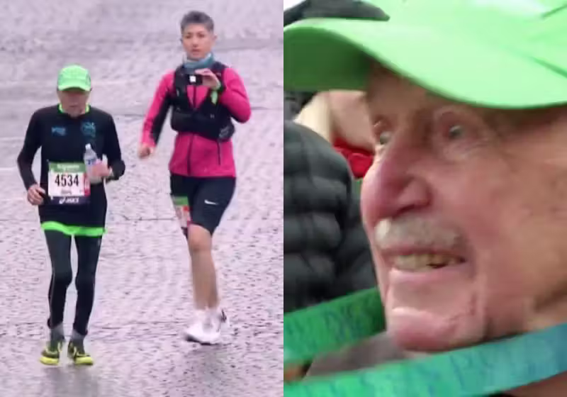 O idoso de 93 anos correu mais de 40km e conseguiu terminar a Maratona de Paris, emocionando o público - Fotos: reprodução / FranceInfoTV