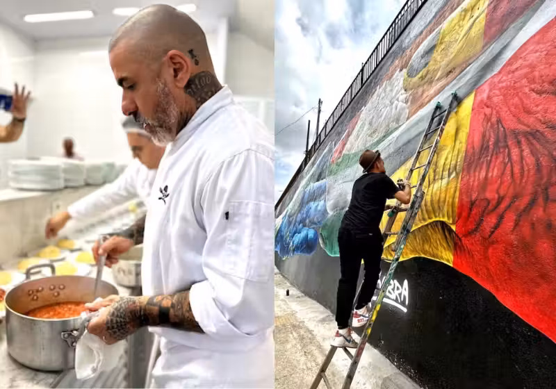 Enquanto o artista Kobra pintava um mural com mais de 62 metros de altura, o chef Henrique Fogaça preparava 120 refeições para pessoas em situação de vulnerabilidade social. Foto: Reprodução/Agência Duetto.