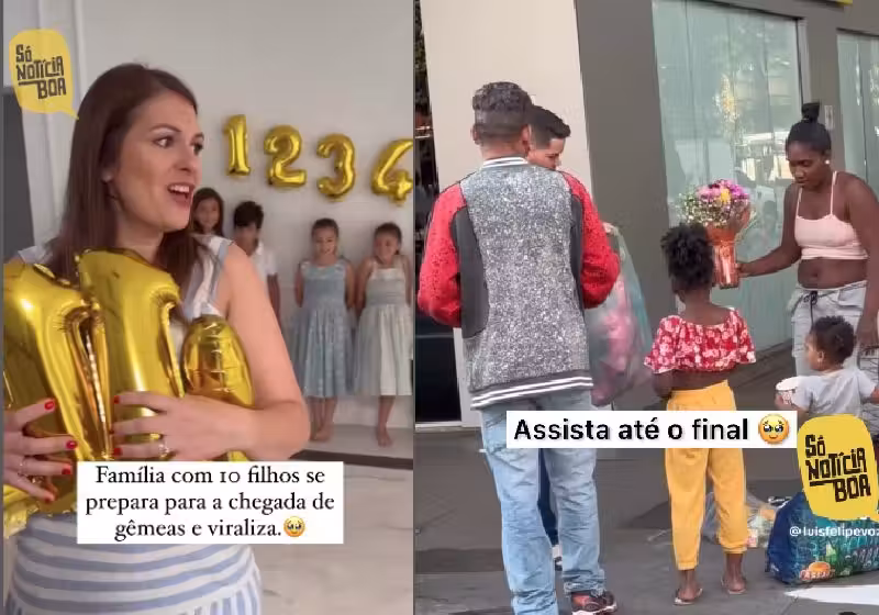 Entre os vídeos mais emocionantes da semana estão o da mãe de 10 que se para para ganhar gêmeos e o do jovem que entregou flores, brinquedos e um bilhete especial a uma família vulnerável na rua - Fotos: reprodução / Instagram @sonoticiaboaoficial