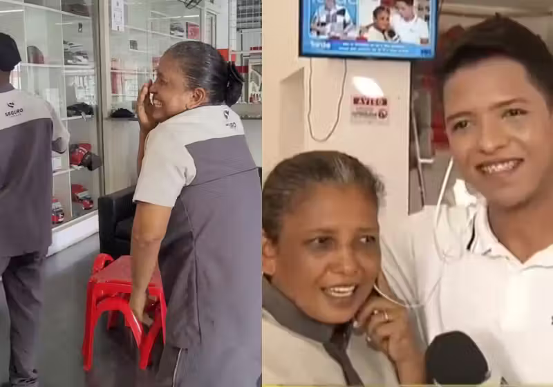 A mãe não escondeu a emoção ao ver a estreia do filho jornalista na televisão. Foto: Reprodução/@millaventura/Twitter e TV Meio Norte.