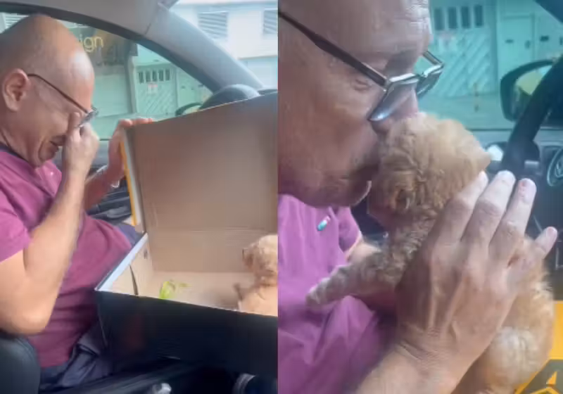 O pai ganhou o cãozinho de presente e foi emoção pura! - Foto: reprodução Twitter