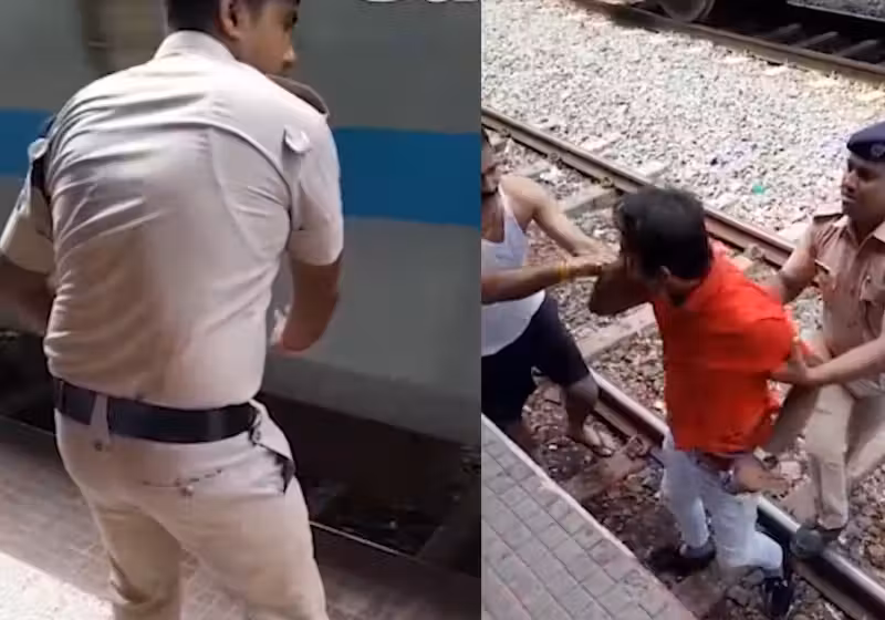 O momento em que o passageiro cai nos trilhos do trem e sobrevive foi captado em vídeo por populares. - Foto: Reprodução/SWNS.