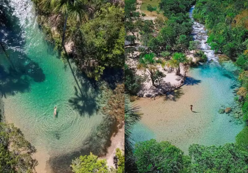 A praia paradisíaca fica escondida na divisa entre Goías e Tocantins e tem paisagens impressionantes. - Foto: Reprodução/@nosdois.porai / Aventuras pelo nosso mundo