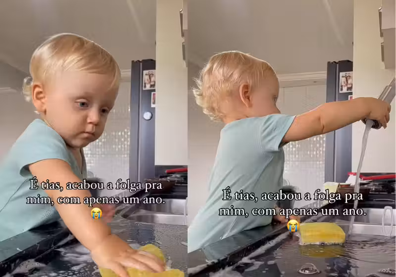 A mãe do Lorenzo bolou um truque infalível que mantém o filho longe das telas: ele ajuda a limpar a pia da casa! - Foto: Instagram/@Fernandatalves_