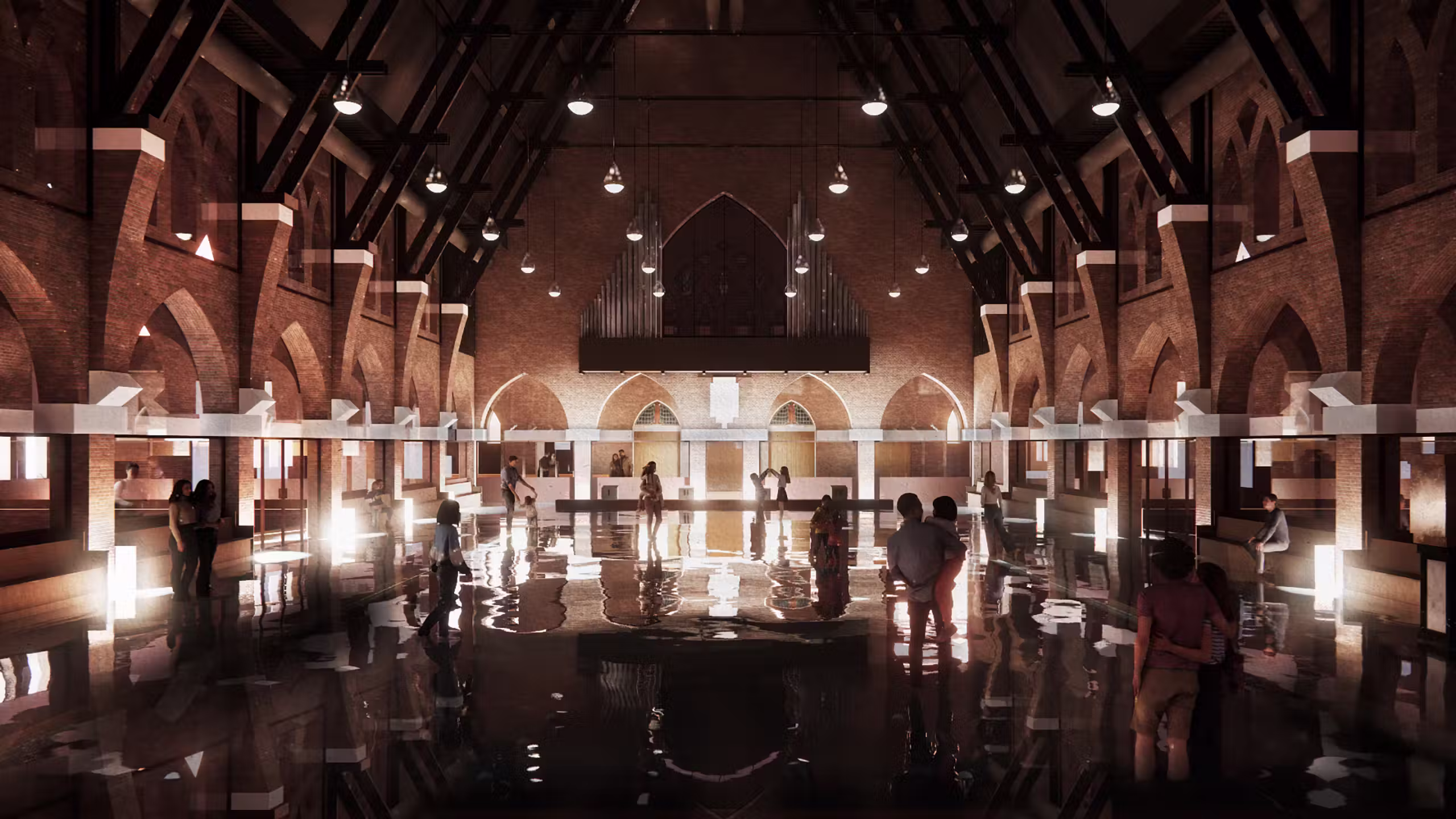 O reflexo da piscina combinado com a iluminação especial, vai dar a sensação de que os visitantes estão "andando sobre as águas". - Foto; MVRDV