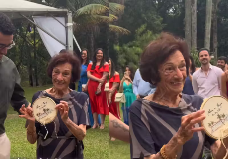 A avó Carminha, de 95 anos, que vive em São Paulo, foi dama de honra e se emocionou ao entrar com as alianças no casamento do neto. - Foto: @leonardodarcadia/Instagram