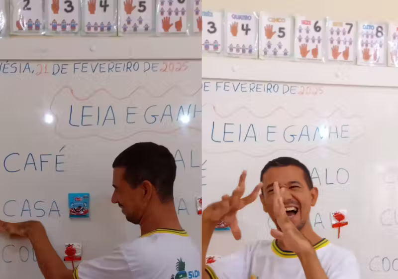 A professora Gisele, de Goiás, criou um método incrível para incentivar a leitura de alunos com deficiência. Quem acerta ganha um doce. - Foto: @cantinhodainclusao/Instagram