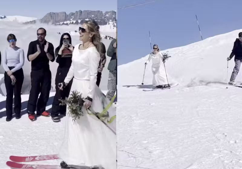 A noive, usando um vestido, se casou a 2.400 de altura nos Alpes Franceses. Que lindo! - Foto: SWNS