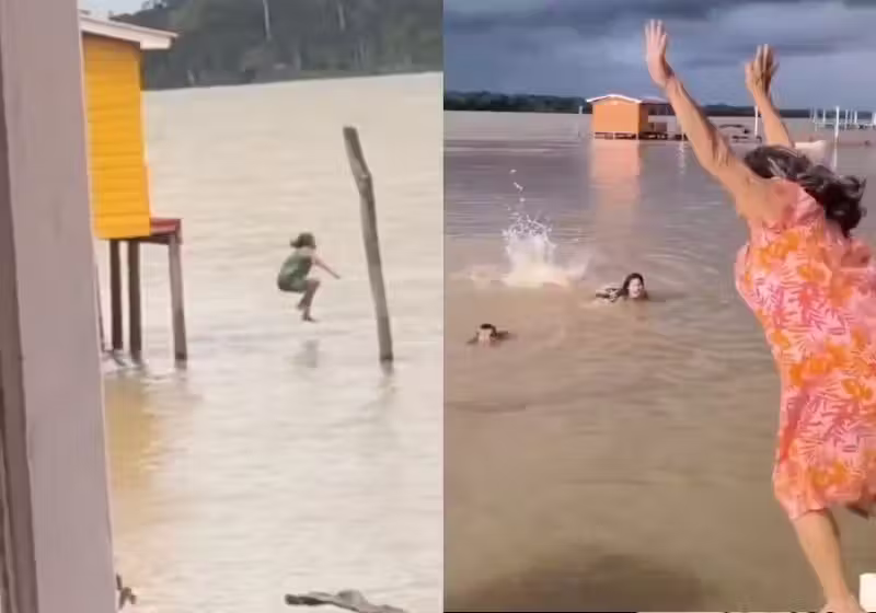 O médico mandou a vovó Sereia de Marajó descansar e olha o que ela faz: dá saltos ousados no rio, ao lado da casa dela. - Foto: @vovosampaio_81