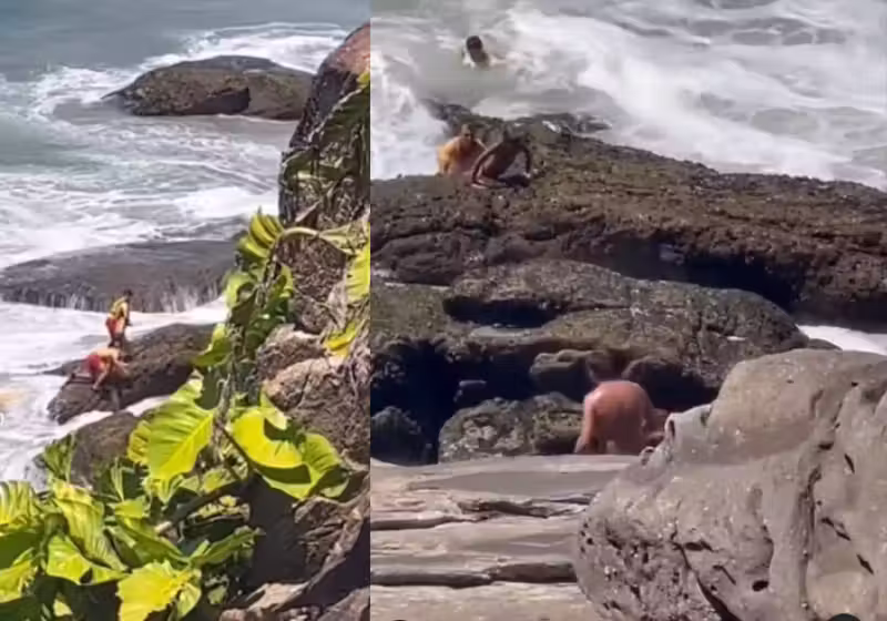 O resgate dramático com final feliz teve a garra dos salva-vidas que retiraram o menino levado pela correnteza do mar, em SP. - Foto: @rafaelifeguard