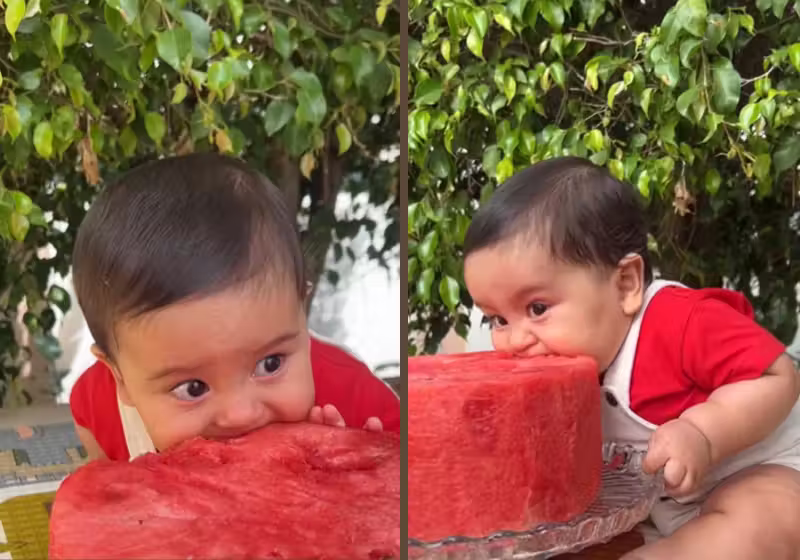 Bruno José, de 7 meses, provou, pela primeira vez, melancia e adorou. Ele ganhou um bolo da fruta e se deliciou. Foto: @rafaellaborbas 