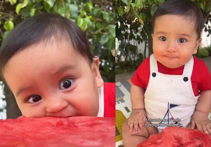 Esse bebê, de Brasília, é o Bruno José. Ele completou 7 meses e ganhou da mãe um bolo de melancia. A carinha dele diz tudo. - Foto: @rafaellaborbas