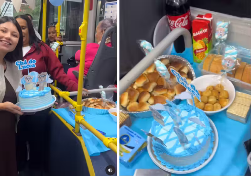 Os passageiros deste ônibus de São Paulo, fizeram uma festa de chá de bebê no busão para uma passageira grávida, com decoração e comida. - Foto: @cafe_do_onibus5652
