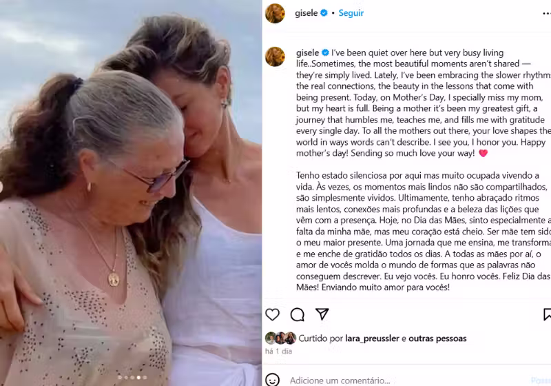 Gisele Bündchen postou a foto com a mãe, Vania, e faz uma declaração de amor à maternidade. Foto: @giselebundchen 