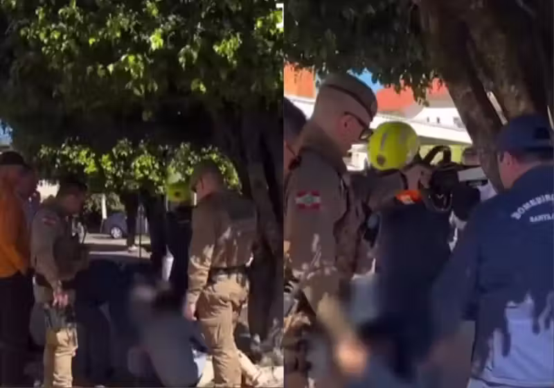 Os bombeiros conseguiram salvar o homem, retirar a cabeça presa na árvore, em seguida, o sujeito caiu no chão tamanho o desequilíbrio causado pela embriaguez. Foto: Jornal Razão