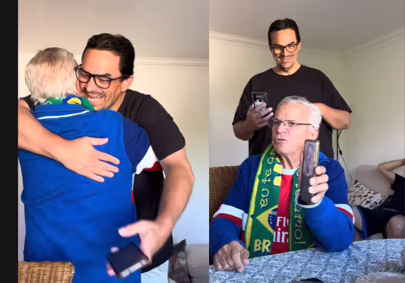 Surpresa Emocionante: Idoso Se Depara Com Filho Após Longo Tempo Em Encontro Inesperado 2 O idoso nem percebe que o filho, que ele pensa estar conversando por vídeo, na verdade está atrás dele, às gargalhadas e chegou de surpresa de Portugal. O vídeo teve mais de 6 milhões de visualizações. - Foto: @manu.artex