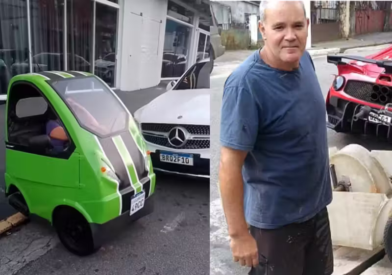 O mecânico brasileiro Caio Strumiello, de São Vicente (SP), inventou o menor carro do mundo: o Nanico P50. Ele leva apenas duas pessoas e faz 40 km com 1 litro de combustível. - Foto: @caio.str