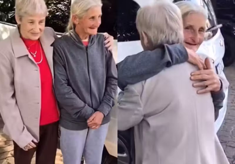 Um abraço apertado, aguardado por seis décadas e meia, mas ainda assim contido. Maria Claudete e Maria Odete. Foto: Portal do Arauto