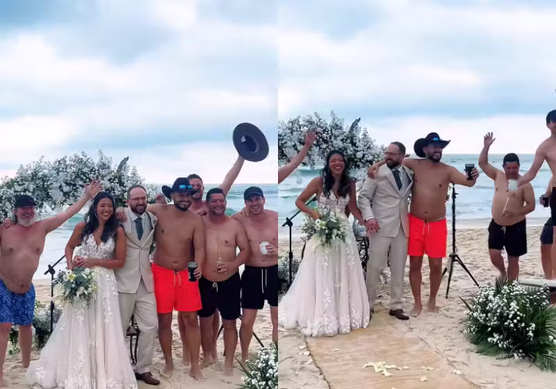 O casamento de Natália e Florian, em Maresias (SP), ficou mais legal com os banhistas na praia! - Foto: @kekkonfotocine/Instagram