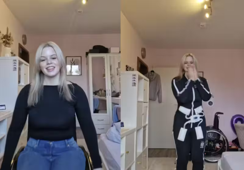 A jovem cadeirante Emelie, da Alemanha, chocou a internet com sua evolução depois do traje neuromuscular. Ela voltou a andar e conseguiu até pular. - Foto: @emelieetr/TikTok