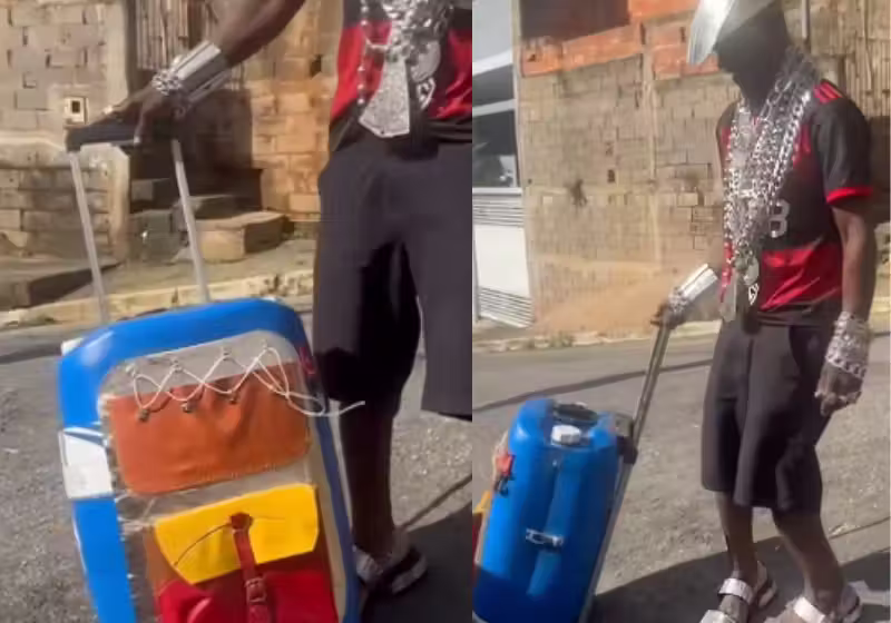 A mala barata feita de galão de água, criada por Fernando das Pratas, de Minas Gerais, é totalmente funcional. A invenção viralizou nas redes. - Foto: @fernandinhodas.pratas/TikTok