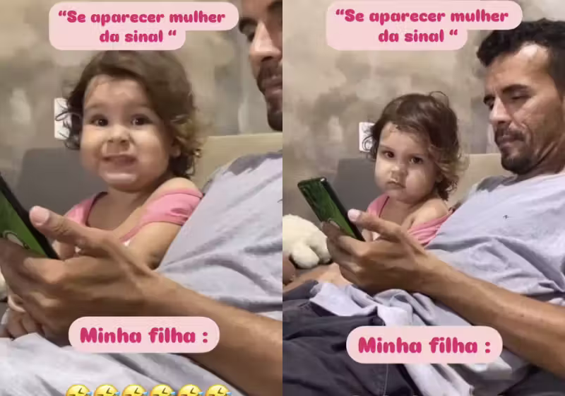 A menina Clara é treinada: toda vez que aparece mulher no celular do pai ela dá um sinal. - Foto: @clara.rochaoliveira/TikTok