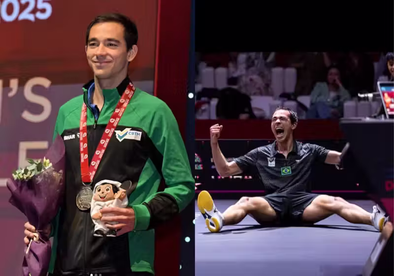 O brasileiro Hugo Calderano, de 28 anos, conquista a inédita medalha de prata no Mundial de Tênis de Mesa no Catar.- Foto: @hugocalderano