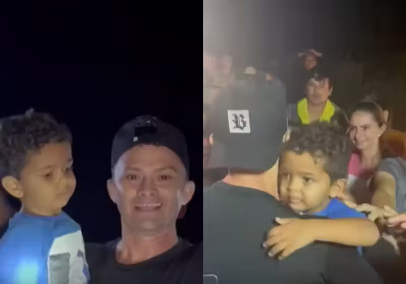 No colo do bombeiro, o menino parecia não ter noção da apreensão que causou. A rua ficou lotada de amigos e vizinhos na torcida. Foto: CBMCE