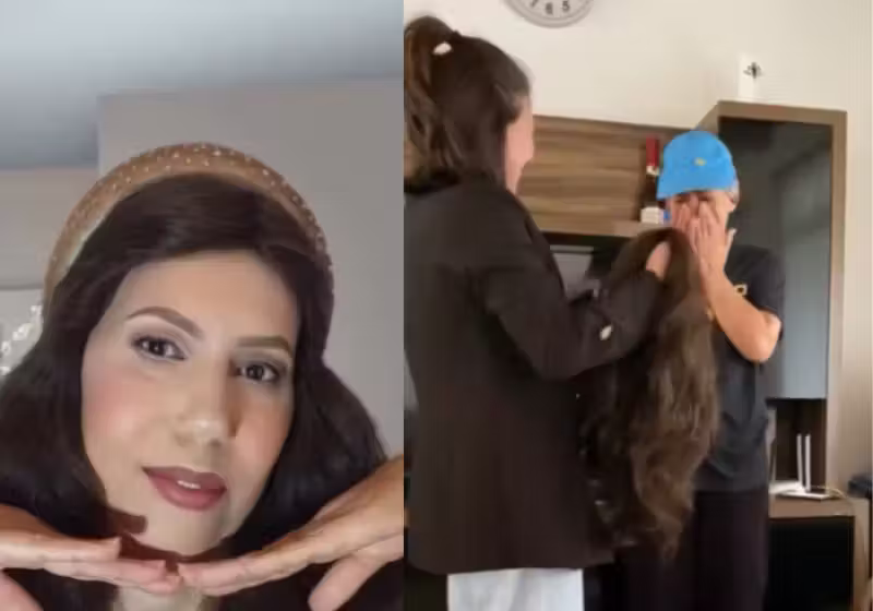 Carol, a afilhada, doa o cabelo, transformado em peruca, para a madrinha em tratamento de combate ao câncer. Agora, ela está curada. Elas moram em Santa Catarina. - Foto: @caroltavaresoficial