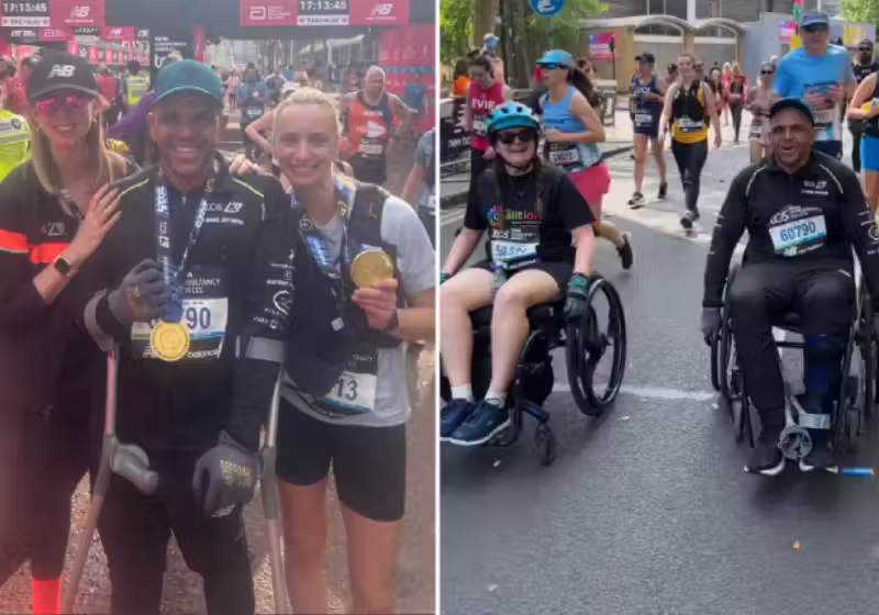 Morador do Reino Unido, Darren, de 42 anos, ouviu dos médicos que nunca mais iria andar. Para contrariar ele concluiu a Maratona de Londres. - Foto: SunnySkyz