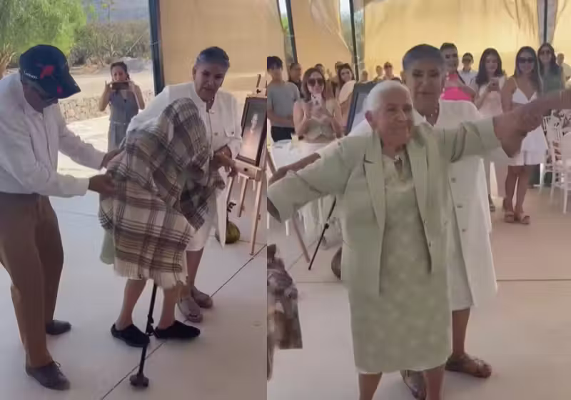 Ao festejar seus 96 anos, essa idosa do México, engana convidados e faz uma surpresa. Depois de entrar mancando, ela joga a muleta e começa a dançar. - Foto: @carolinagutierrez9724/TikTok