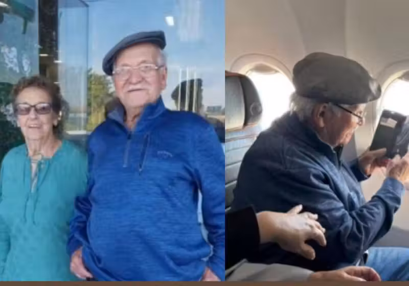 Seu João Adalci Nazário, de 90 anos, e Dona Ivonete de Souza Nazário, de 85 anos, viajaram cercados pelo amor da família e o carinho dos comissários e dos passageiros. Todo mundo comemorou o grande momento. Foto: Rádio Cidade
