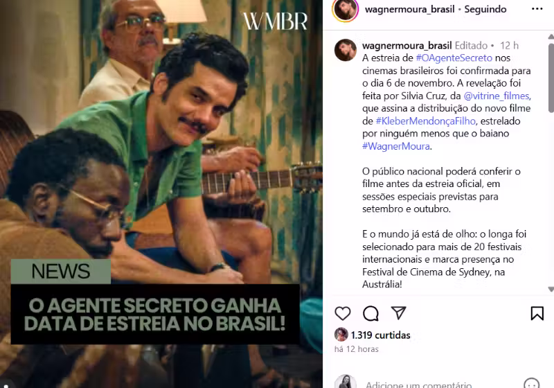 O filme O Agente Secreto, com Wagner Moura, conta a história de um professor que é espião, em plena ditatura. Foto: @wagnermoura