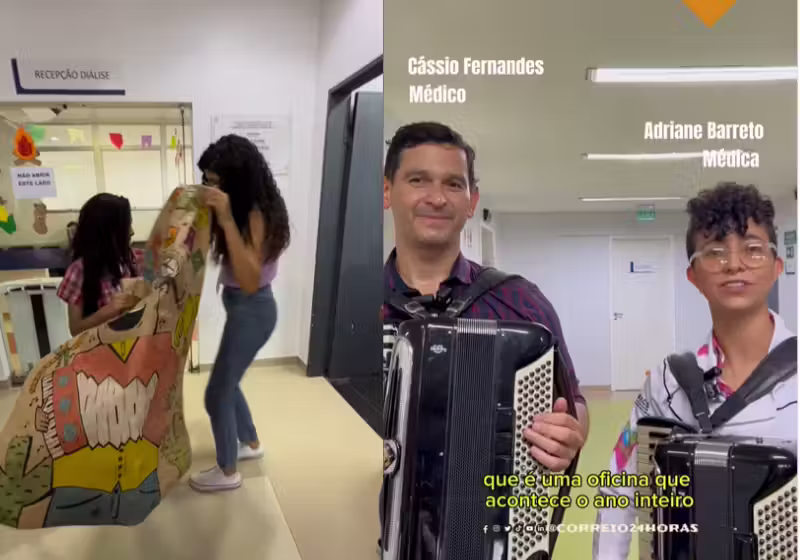 Festa Junina no hospital, por que não? Os médicos Cássio e Adriane, sanfoneiros animados, acreditam que a alegria é um grande remédio. Foto: Correio da Bahia
