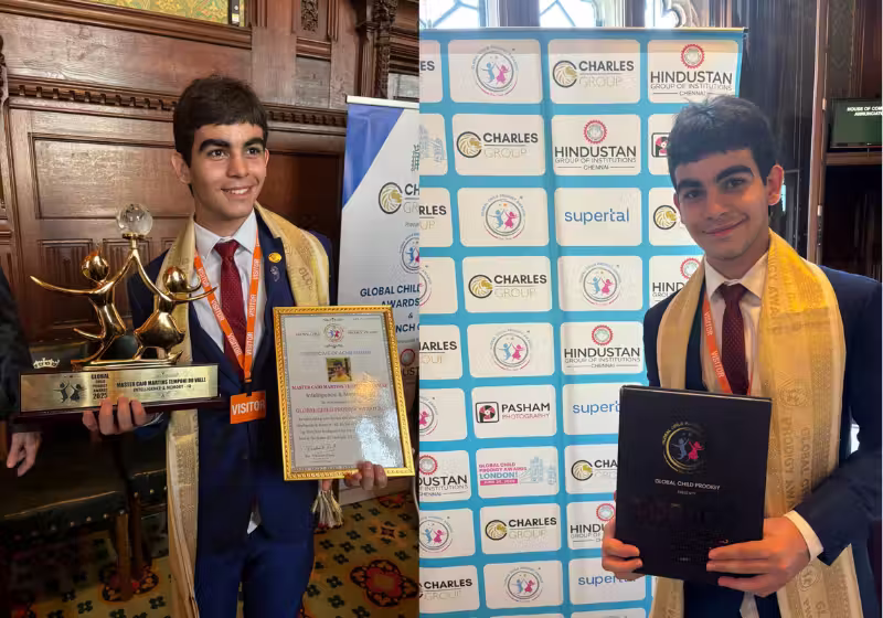 O brasileiro Caio Temponi recebeu prêmio das 100 crianças mais prodígios do mundo em Londres e agradeceu. - Foto: arquivo pessoal