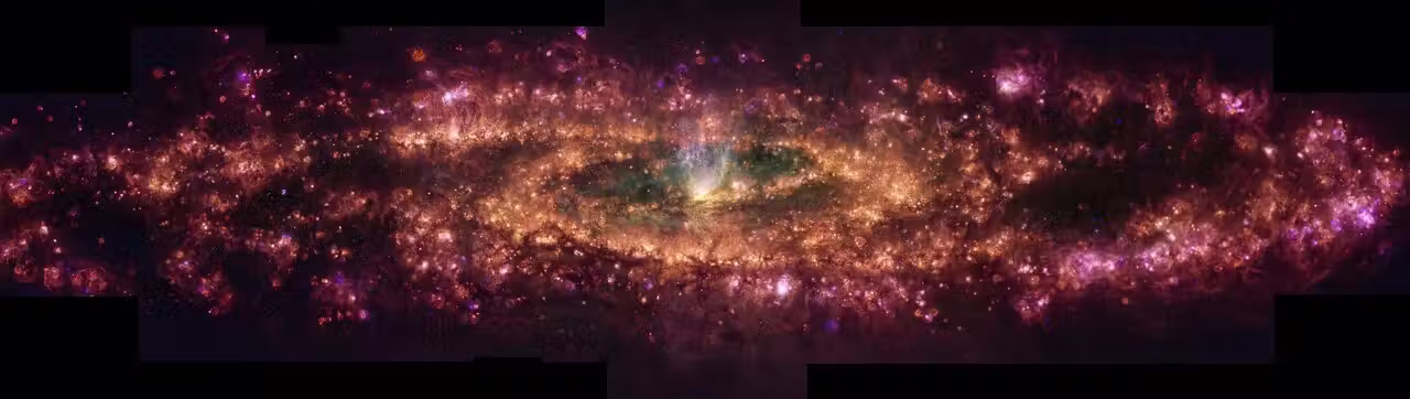A luz rosa representa o gás excitado pela radiação de estrelas recém-nascidas, enquanto o cone de luz mais branca no centro é causado por uma saída de gás do buraco negro no núcleo da galáxia - Foto ESO