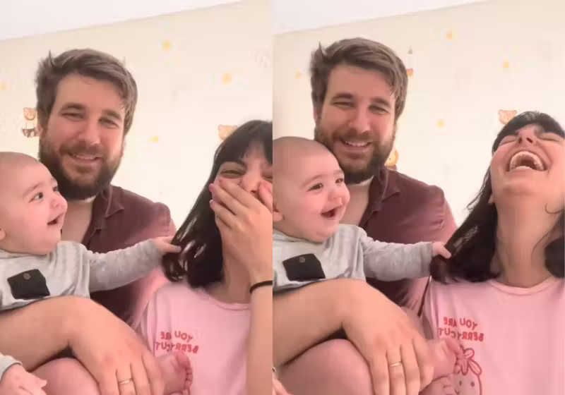 Os pais, de Portugal, conseguraim captar a primeira gargalhada do filho e o momento lindo viralizou no mundo. - Foto: @joaleesi/TikTok