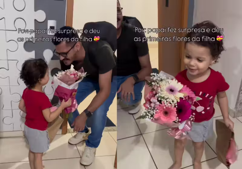 O pai surpreendeu a filha com o primeiro buquê de flores da vida dela e a reação da garotinha encantou as redes. - Foto: @jheniferv_/Instagram