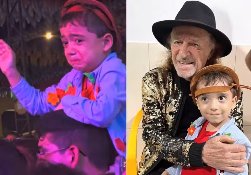 Após vencer o AVC, promessa cumprida: O menino José Maurício chorou no show de Alceu Valença e tirou foto com o ídolo em Campina Grande (PB) —. Foto: Arquivo Pessoal/Débora Muniz
