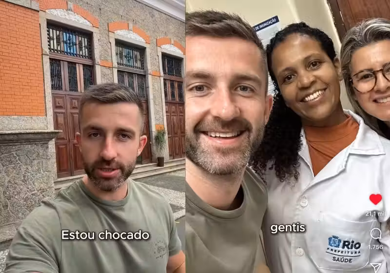Nick, um gringo do Reino Unido que vive no Rio de Janeiro, foi ao SUS tomar vacina e ficou chocado com o bom atendimento que recebeu. - Fotos: reprodução / Instagram