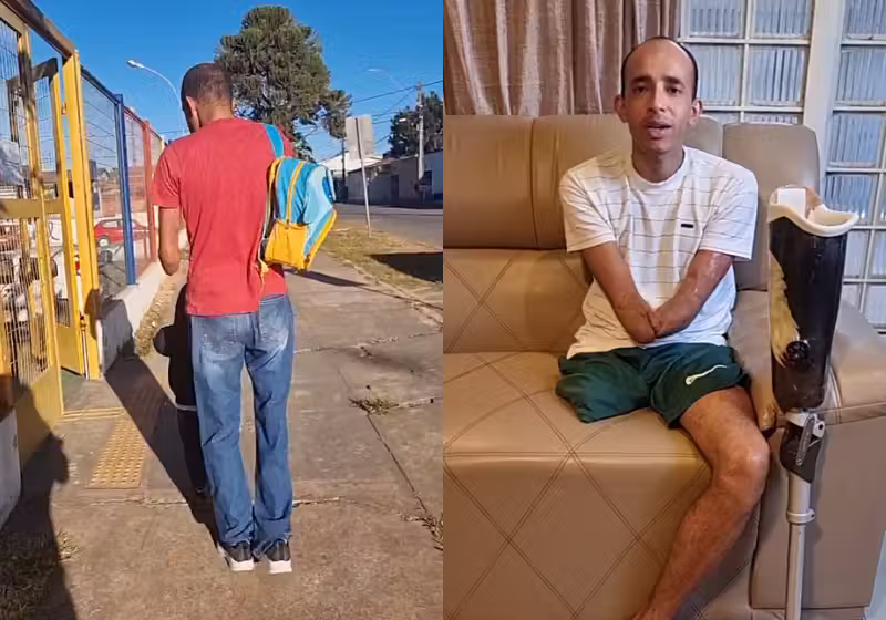 O Cléber é um homem com uma força de viver gigante que caminha 6km por dia no DF para levar e buscar o filho na escola, mesmo sem ter as mãos e uma perna. - Foto: arquivo pessoal