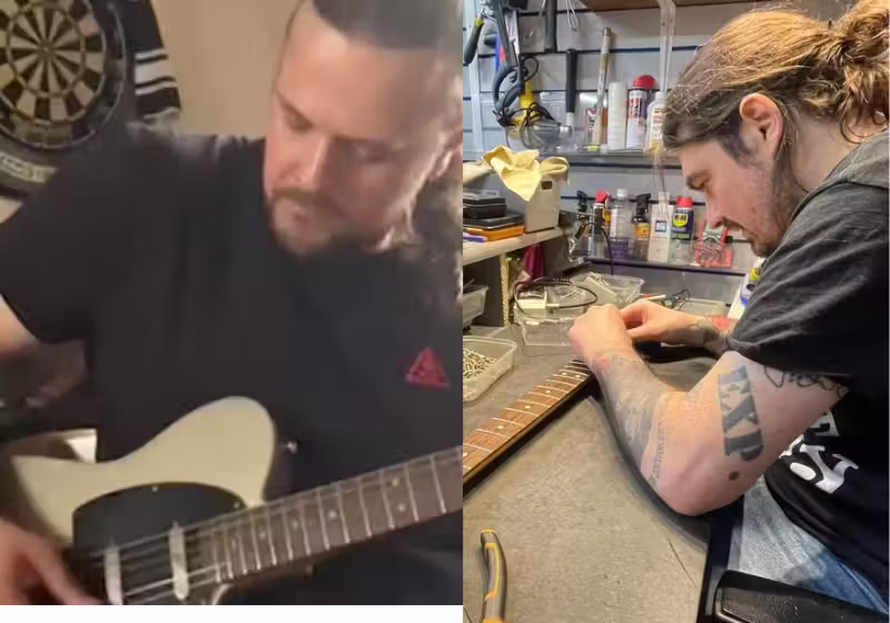 O músico Mark fez uma homenagem linda, implantando as cinzas do pai falecido na guitarra que ele usa nos shows. - Foto: arquivo pessoal