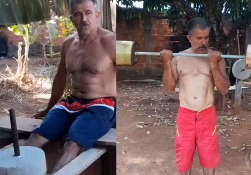 Seu José Leandro, conhecido como "Véi Maromba", virou celebridade nas redes sociais após criar na cada dele, em Goiás, uma academia feita com concreto. - Foto: reprodução redes sociais